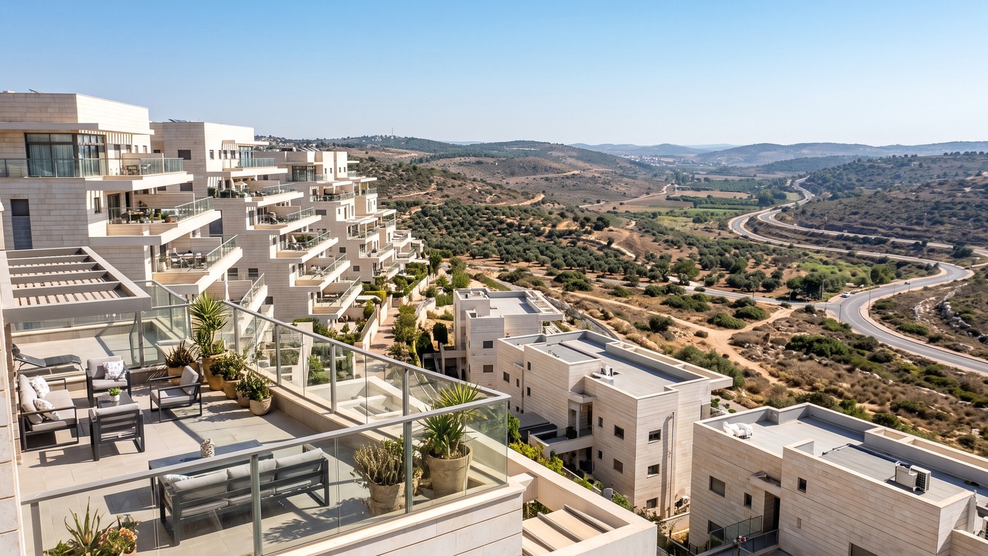 פרויקטים ודירות למכירה בשכונת נופים מודיעין, בנייה חדשה המשקיפה לנוף פתוח של גבעות ירוקות